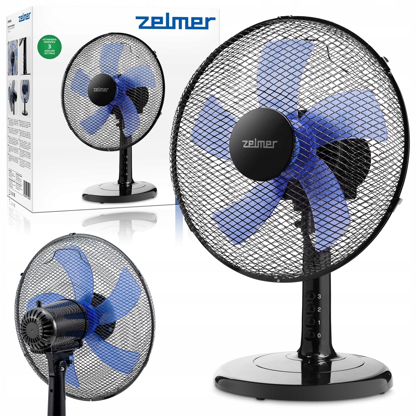 WENTYLATOR BIURKOWY ZELMER ZTF0300 CYRKULATOR STOŁOWY 45W CICHY WYDAJNY
